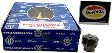 Govinda Incense Cone Holder Bundle with Nag Champa Cones - 12 Boxes x 12 Cones