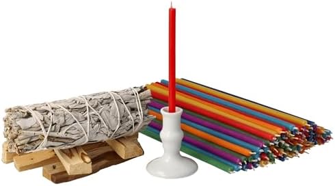 Danilovo Smudging Kit with 5 Palo Santo Sticks 1 White Sage Stick 50 Chakra Beeswax Candles and Ceramic Holder