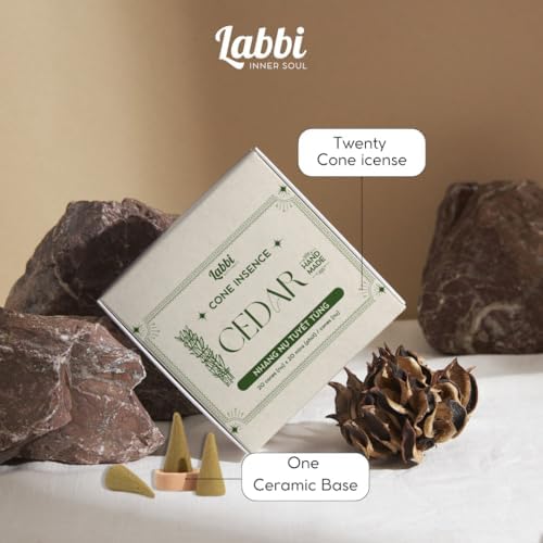 LABBI Incense Cones - 20 Natural Cedar Fragrant Cones for Relaxation and Meditation with Holder