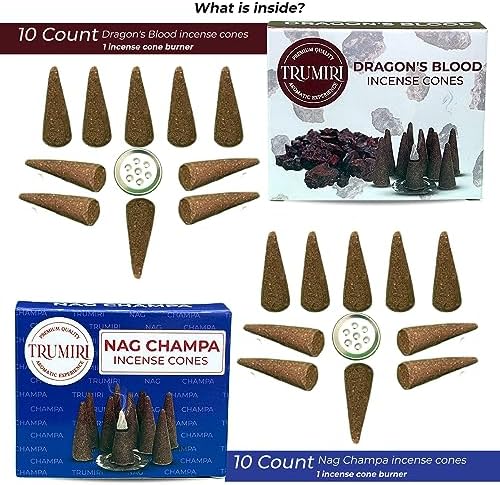 TRUMIRI Incense Cones - 20 Pack with 10 Nag Champa and 10 Dragons Blood