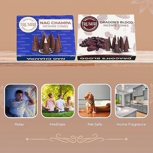 TRUMIRI Incense Cones - 20 Pack with 10 Nag Champa and 10 Dragons Blood