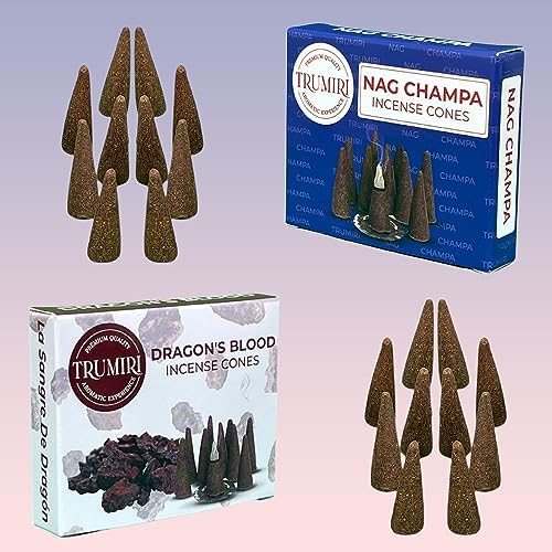 TRUMIRI Incense Cones - 20 Pack with 10 Nag Champa and 10 Dragons Blood