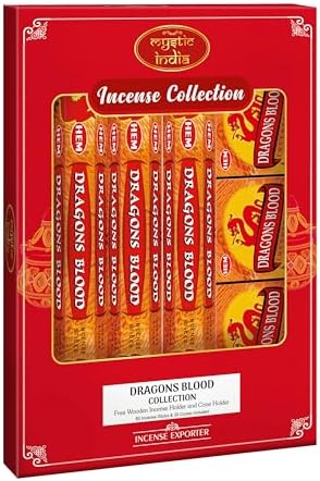 Mystic India Hem Incense Dragons Blood 4 Tube Hexa and 3 Box Cones with Free Holder