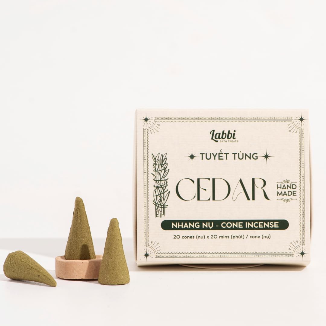 LABBI Incense Cones - 20 Natural Cedar Fragrant Cones for Relaxation and Meditation with Holder