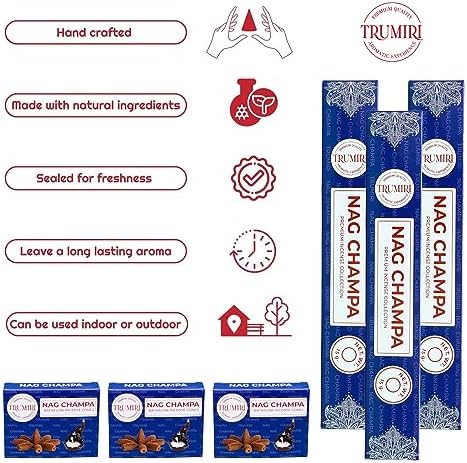 TRUMIRI Nag Champa Incense Sticks and Waterfall Cones - 45 Sticks 30 Cones