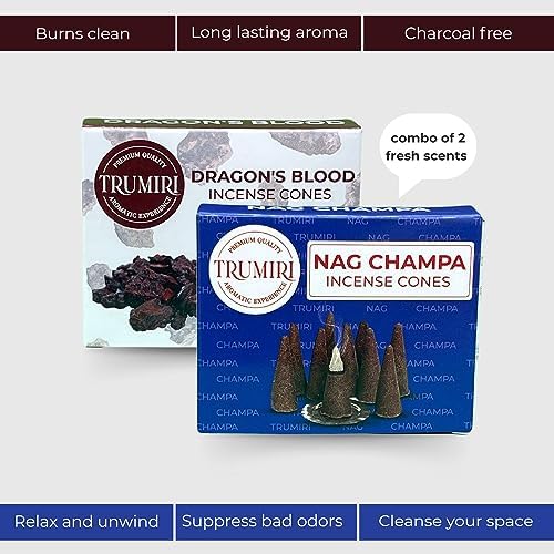 TRUMIRI Incense Cones - 20 Pack with 10 Nag Champa and 10 Dragons Blood