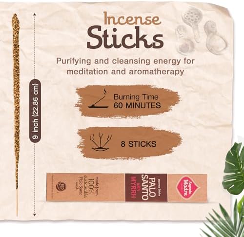 8pcs Wildly Harvested Thick Palo Santo Incense Sticks with Myrrh 9 Long - Eco Friendly Non-Toxic