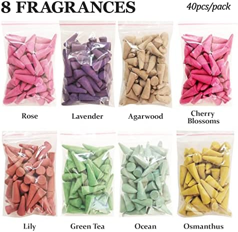 DUOHEMENG Incense Cones 8 Mixed Scents 320 Total with Ceramic Burner