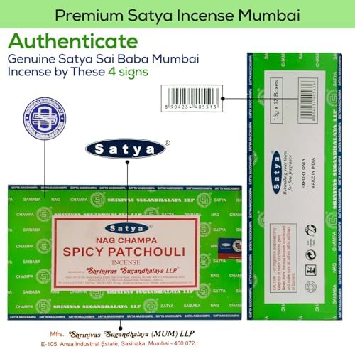 Satya Spicy Patchouli Incense Sticks 12 Pack with Wooden Holder