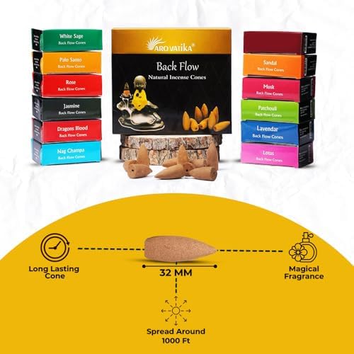 ARO VATIKA Backflow Natural Masala Incense Cones 12 Variety Pack