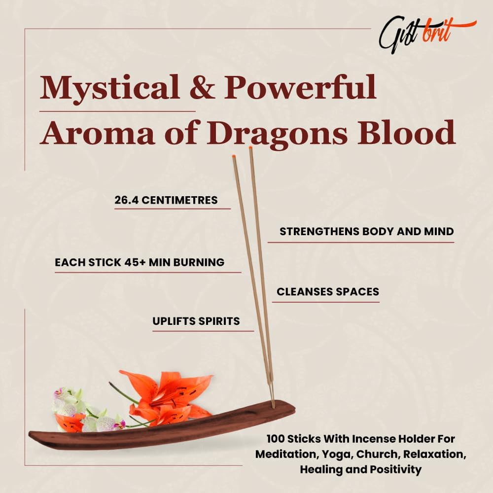 Giftbrit Dragons Blood Natural Incense Sticks 100 Pack with Holder