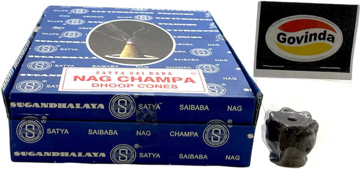 Govinda Incense Cone Holder Bundle with Nag Champa Cones - 12 Boxes x 12 Cones