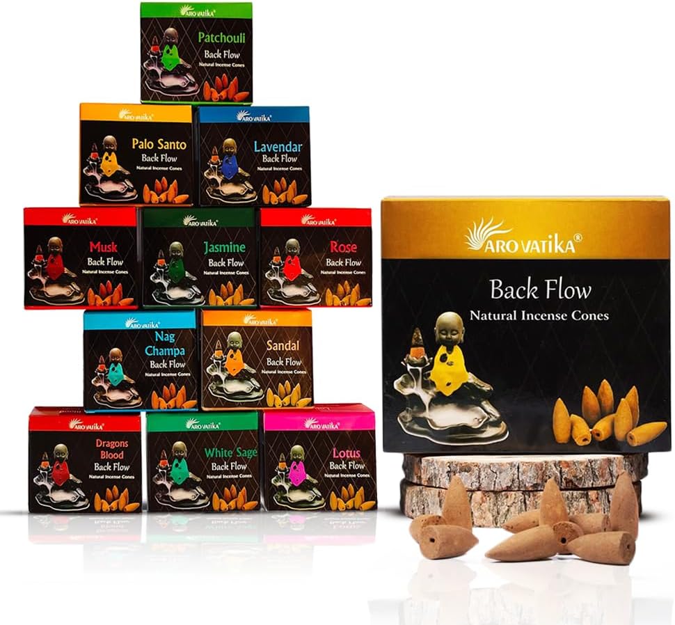 ARO VATIKA Backflow Natural Masala Incense Cones 12 Variety Pack