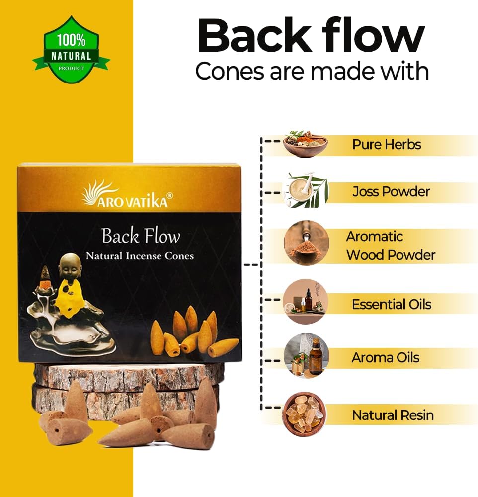 ARO VATIKA Backflow Natural Masala Incense Cones 12 Variety Pack