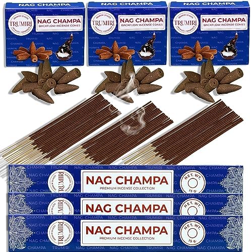 TRUMIRI Nag Champa Incense Sticks and Waterfall Cones - 45 Sticks 30 Cones