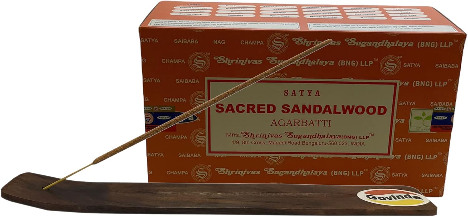 Govinda Incense Stick Holder Bundle with Satya Bangalore Incense - 12 Boxes x 15 Grams