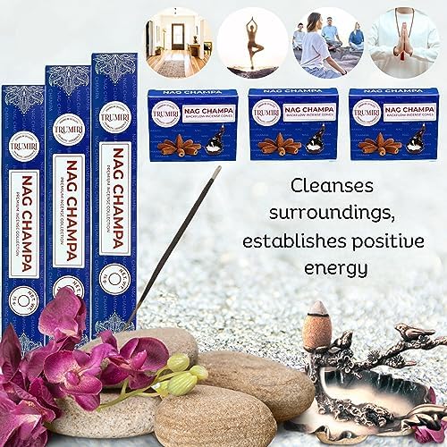 TRUMIRI Nag Champa Incense Sticks and Waterfall Cones - 45 Sticks 30 Cones