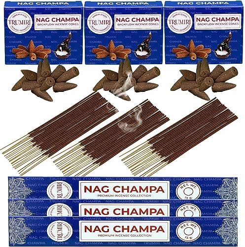 TRUMIRI Nag Champa Incense Sticks and Waterfall Cones - 45 Sticks 30 Cones