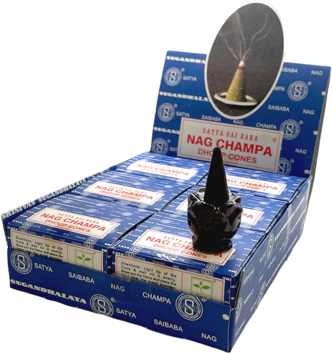 Govinda Incense Cone Holder Bundle with Nag Champa Cones - 12 Boxes x 12 Cones