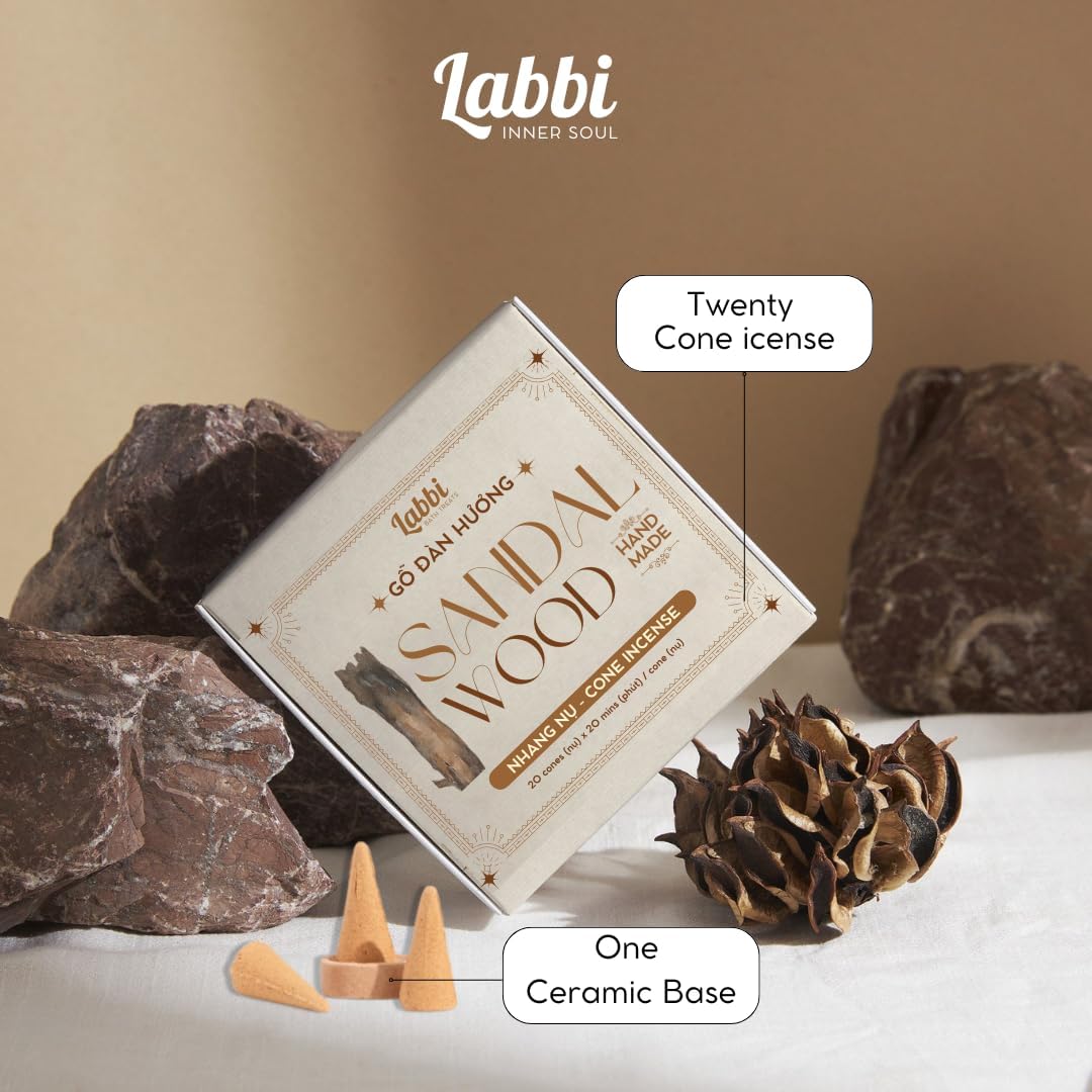 Labbi Incense Cones - 20 Natural Sandalwood Fragrance for Relaxation and Meditation