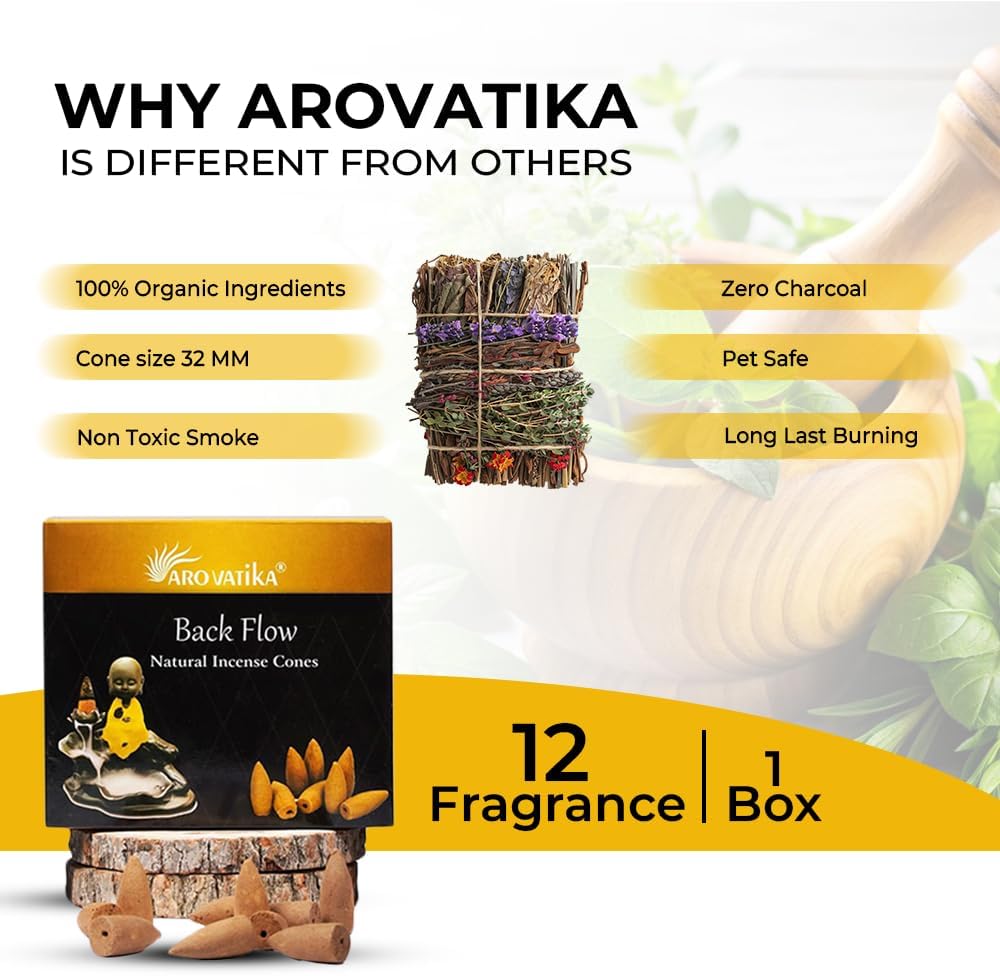 ARO VATIKA Backflow Natural Masala Incense Cones 12 Variety Pack