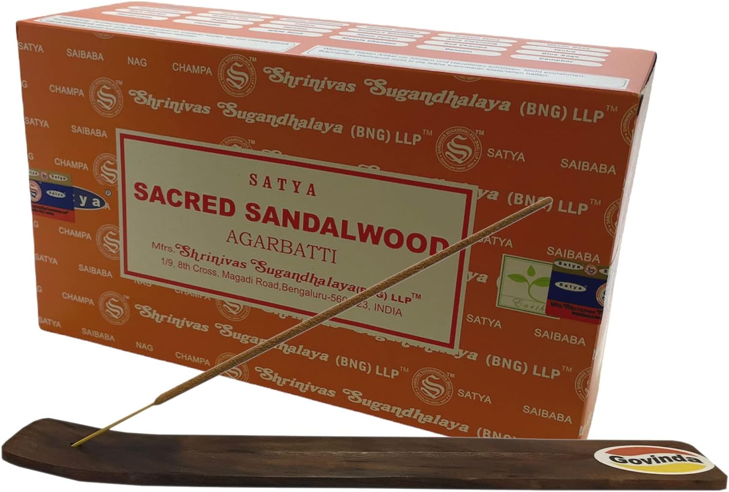Govinda Incense Stick Holder Bundle with Satya Bangalore Incense - 12 Boxes x 15 Grams