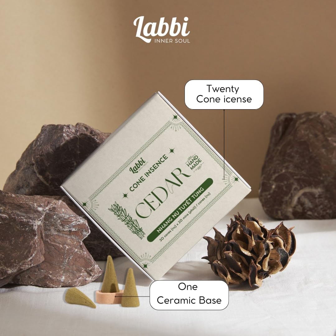 LABBI Incense Cones - 20 Natural Cedar Fragrant Cones for Relaxation and Meditation with Holder