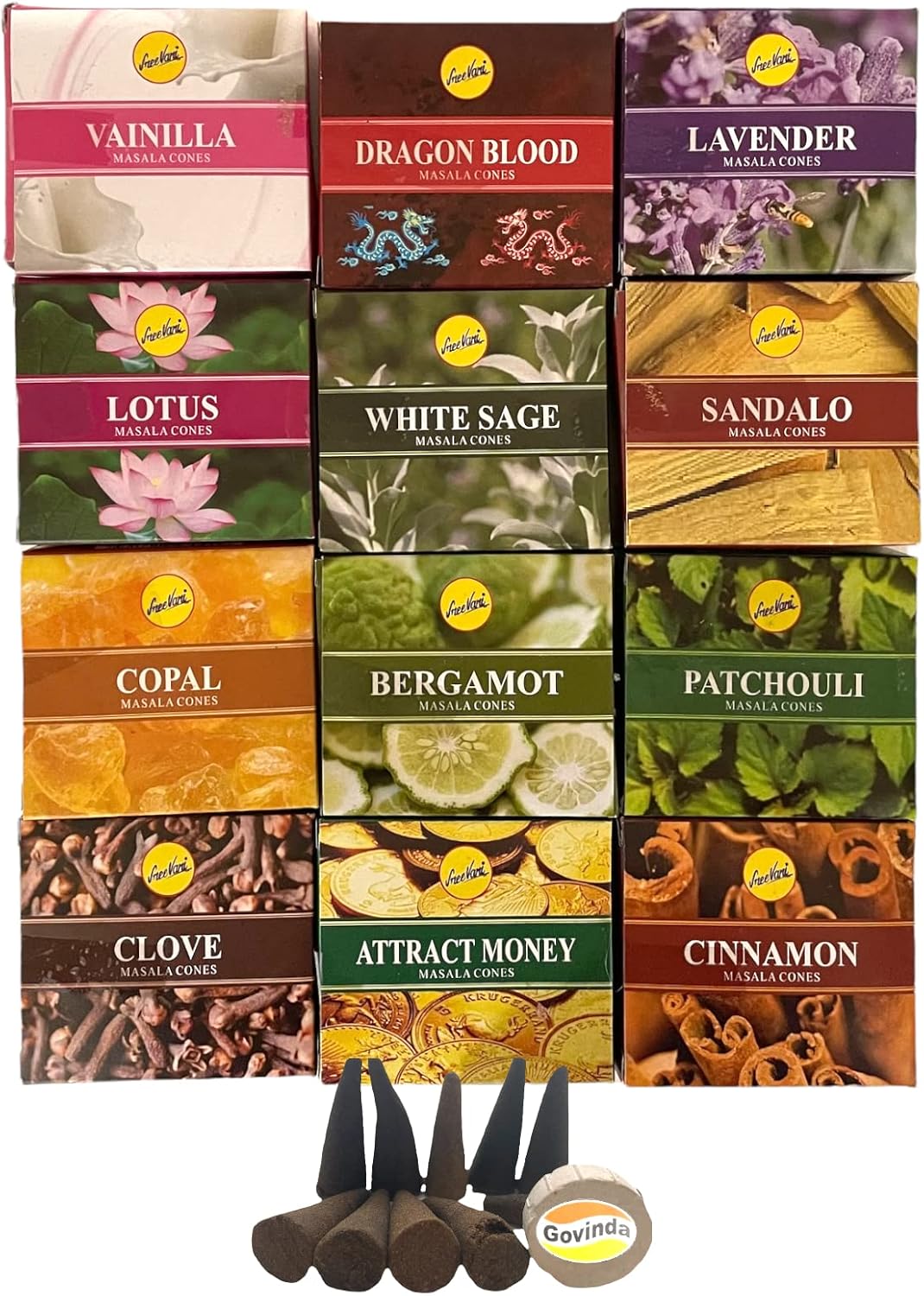 Govinda Sreevani Natural Masala Incense Cones and Holder Bundle