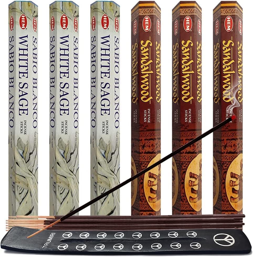 White Sage and Sandalwood Incense Sticks and Holder Bundle