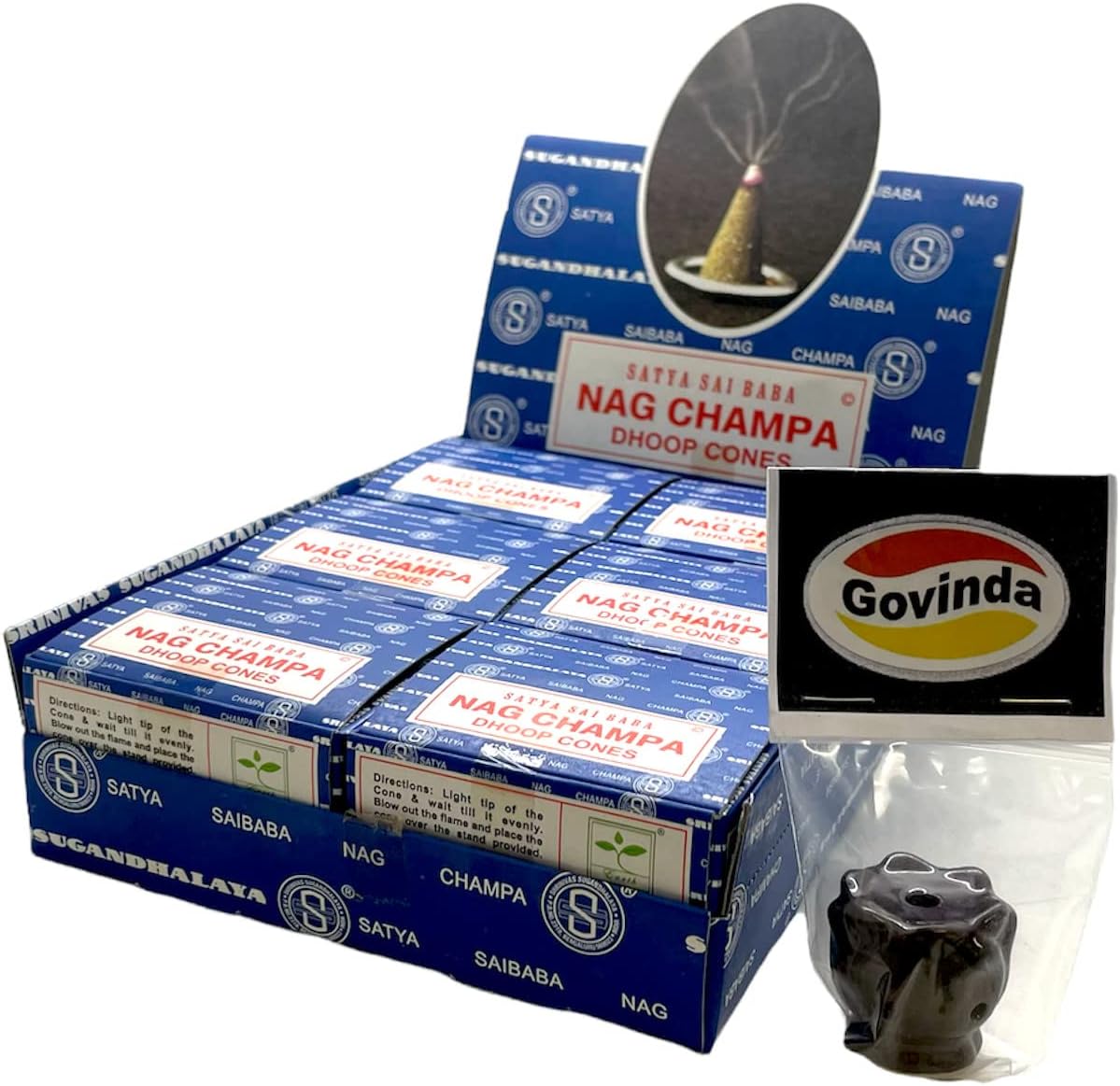 Govinda Incense Cone Holder Bundle with Nag Champa Cones - 12 Boxes x 12 Cones