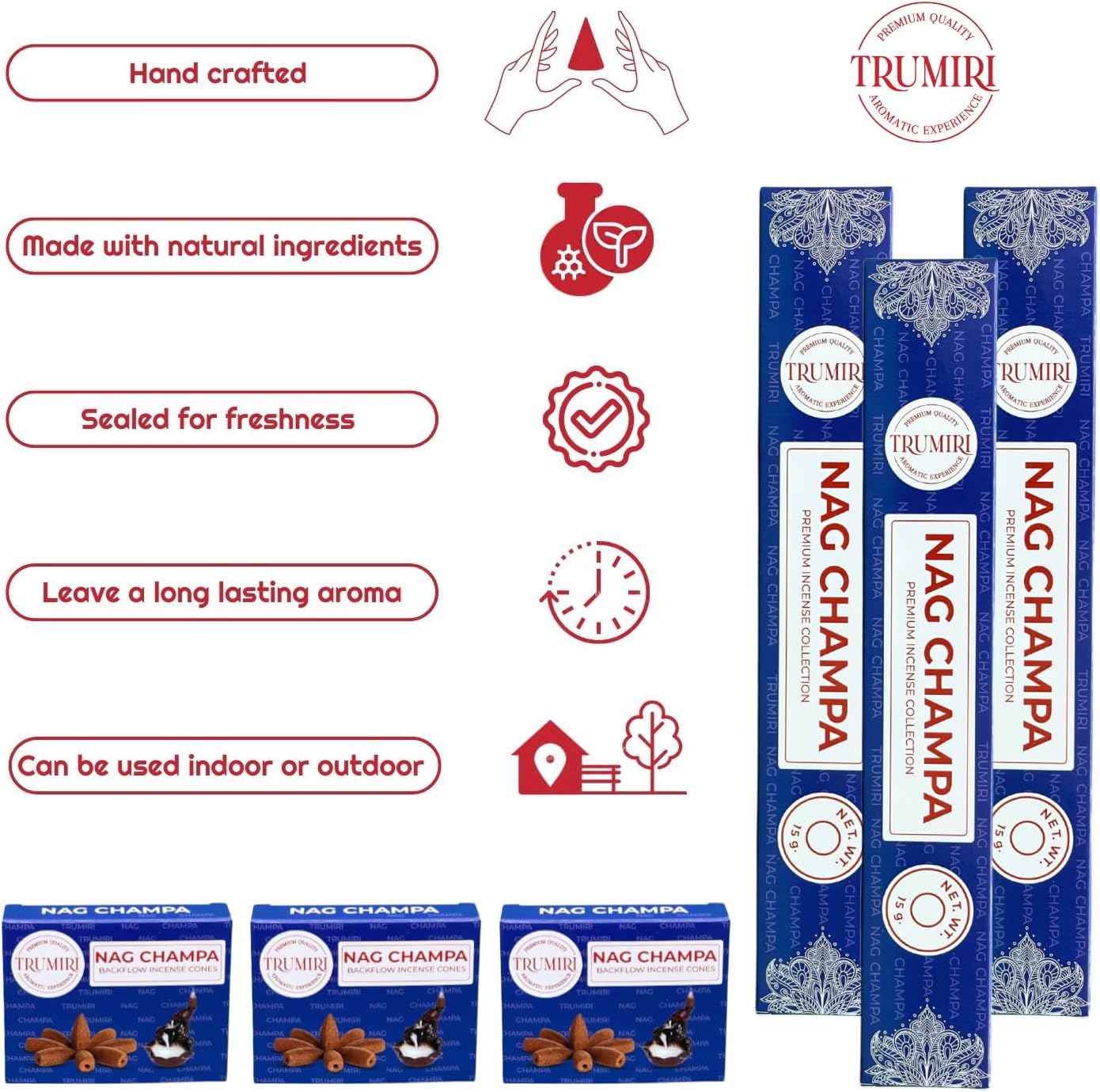 TRUMIRI Nag Champa Incense Sticks and Waterfall Cones - 45 Sticks 30 Cones