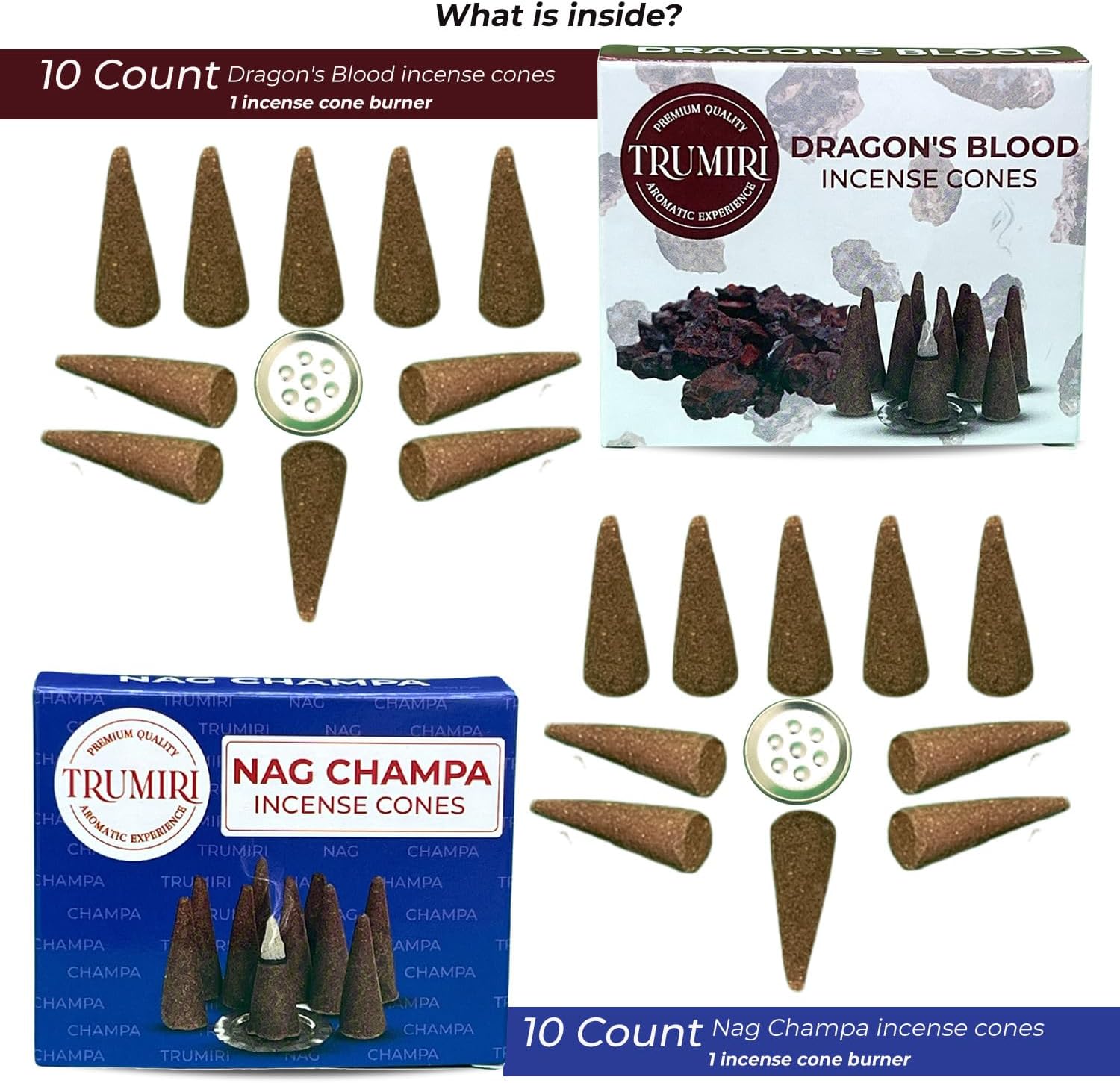 TRUMIRI Incense Cones - 20 Pack with 10 Nag Champa and 10 Dragons Blood