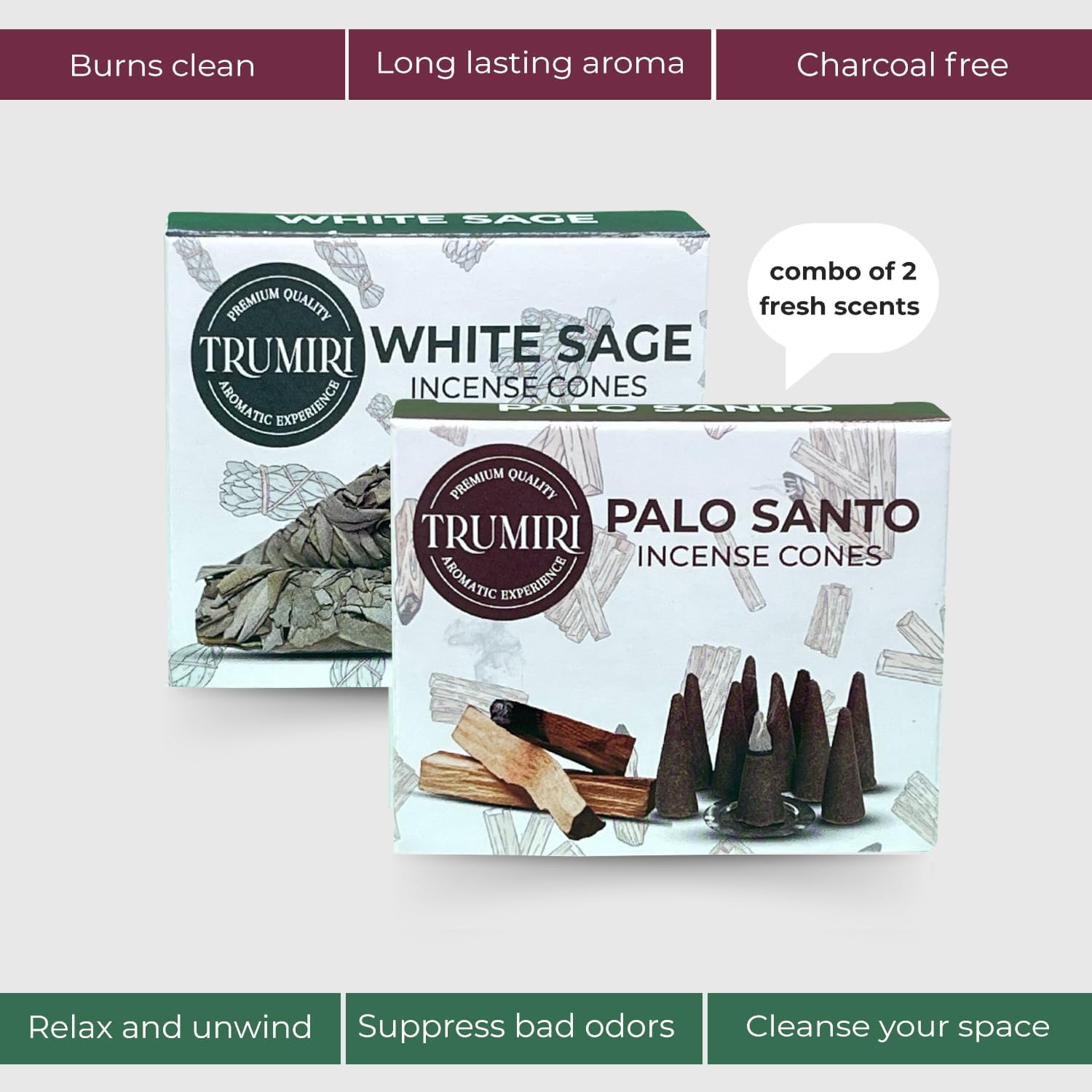 TRUMIRI Incense Cones - 20 Pack 10 Palo Santo 10 White Sage