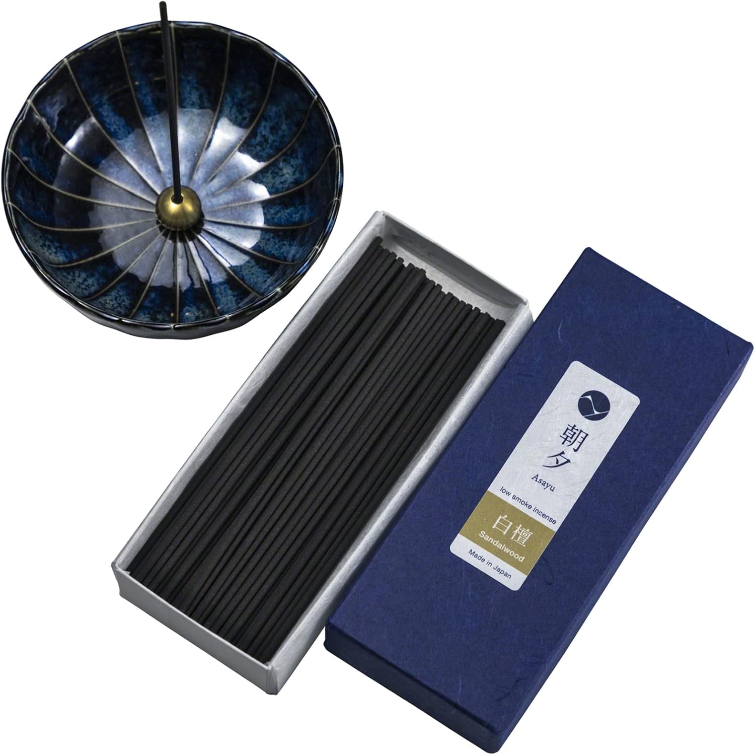 Asayu Japan Gift Set Sandalwood Incense Navy Blue Lotus Holder