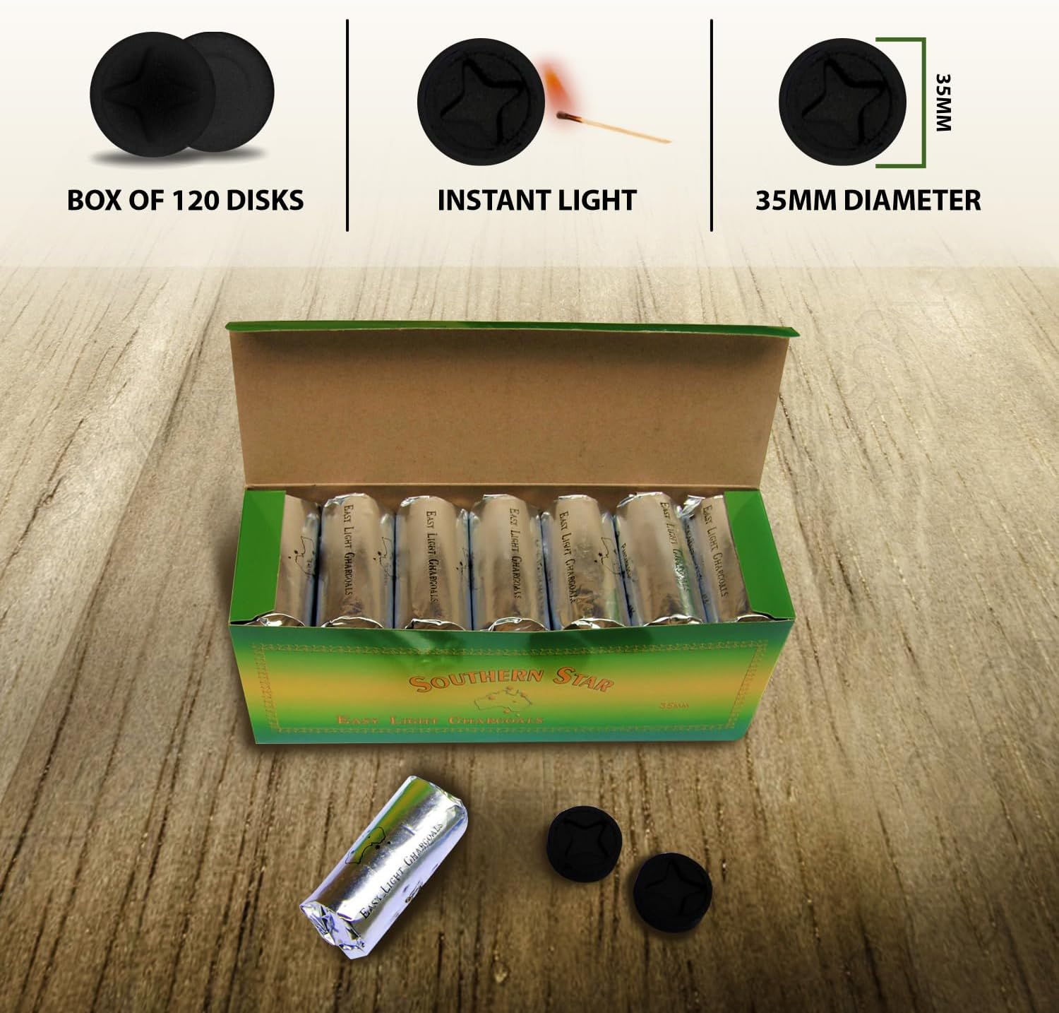 Southern Star Quick Lighting Incense Charcoal Tablets 45 Mins Burn Time 120 Tablets Large 35mm