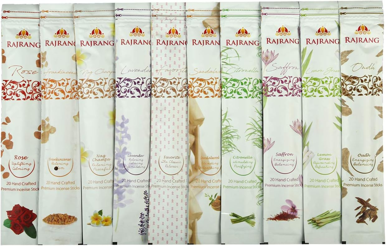Rajarang Natural Hand-Rolled Incense Sticks - 10 Pack with 10 Scents
