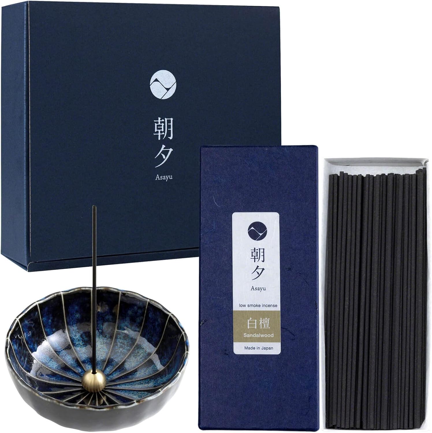 Asayu Japan Gift Set Sandalwood Incense Navy Blue Lotus Holder