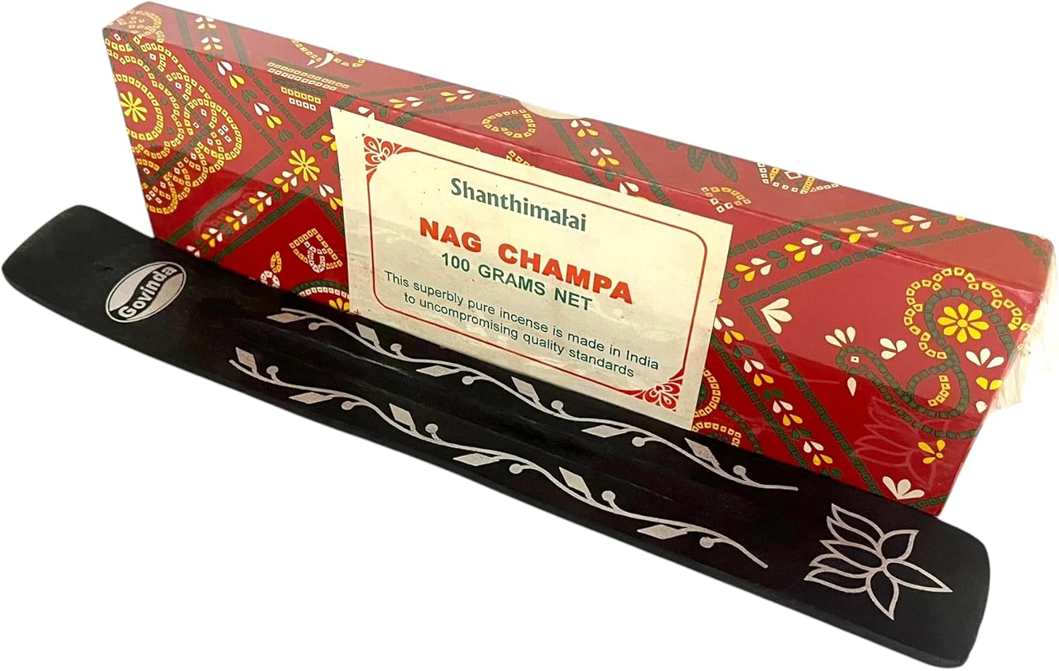 Govinda Shanthimalai Red Nag Champa Incense 100 Grams and Holder