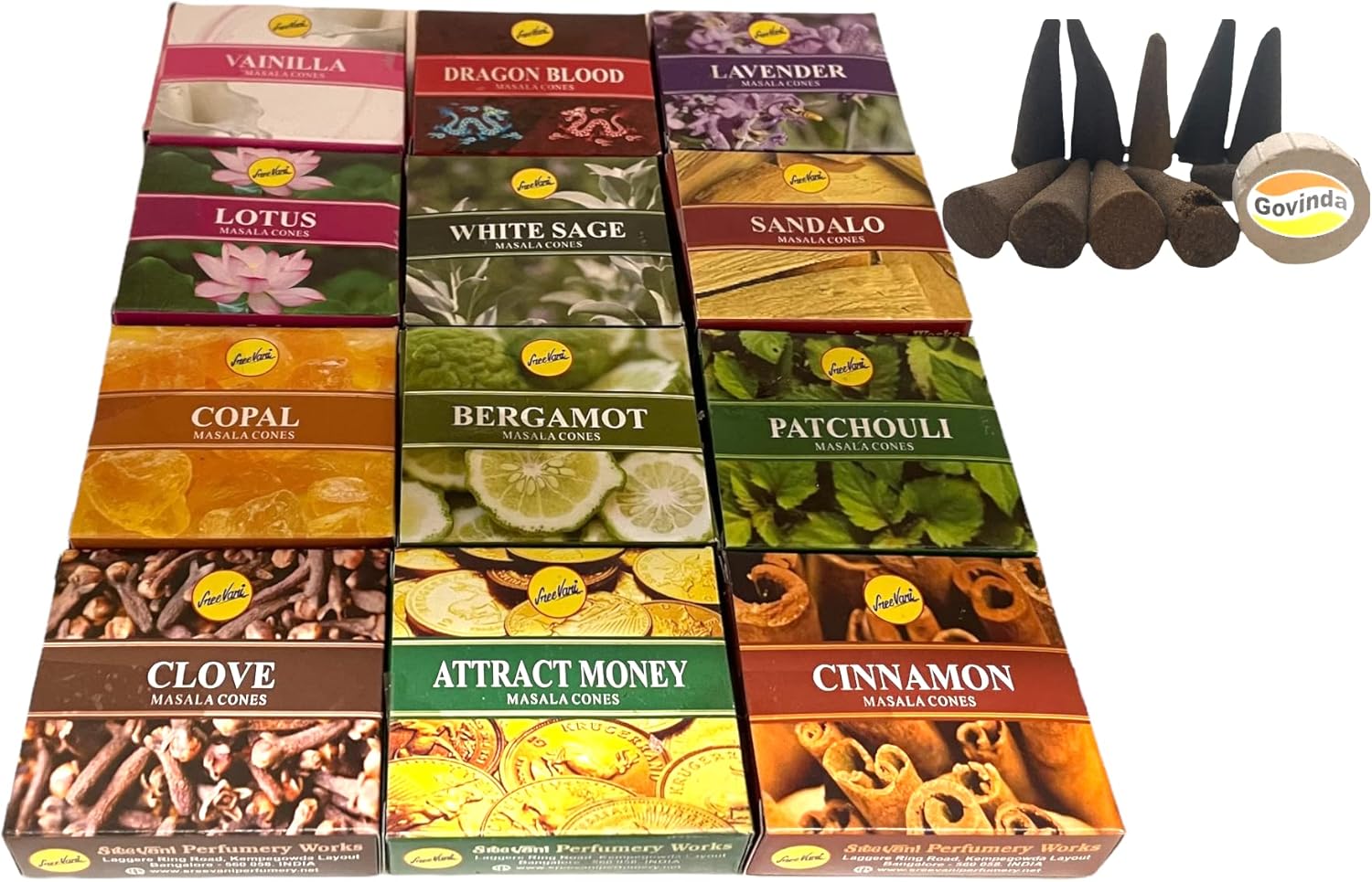 Govinda Sreevani Natural Masala Incense Cones and Holder Bundle