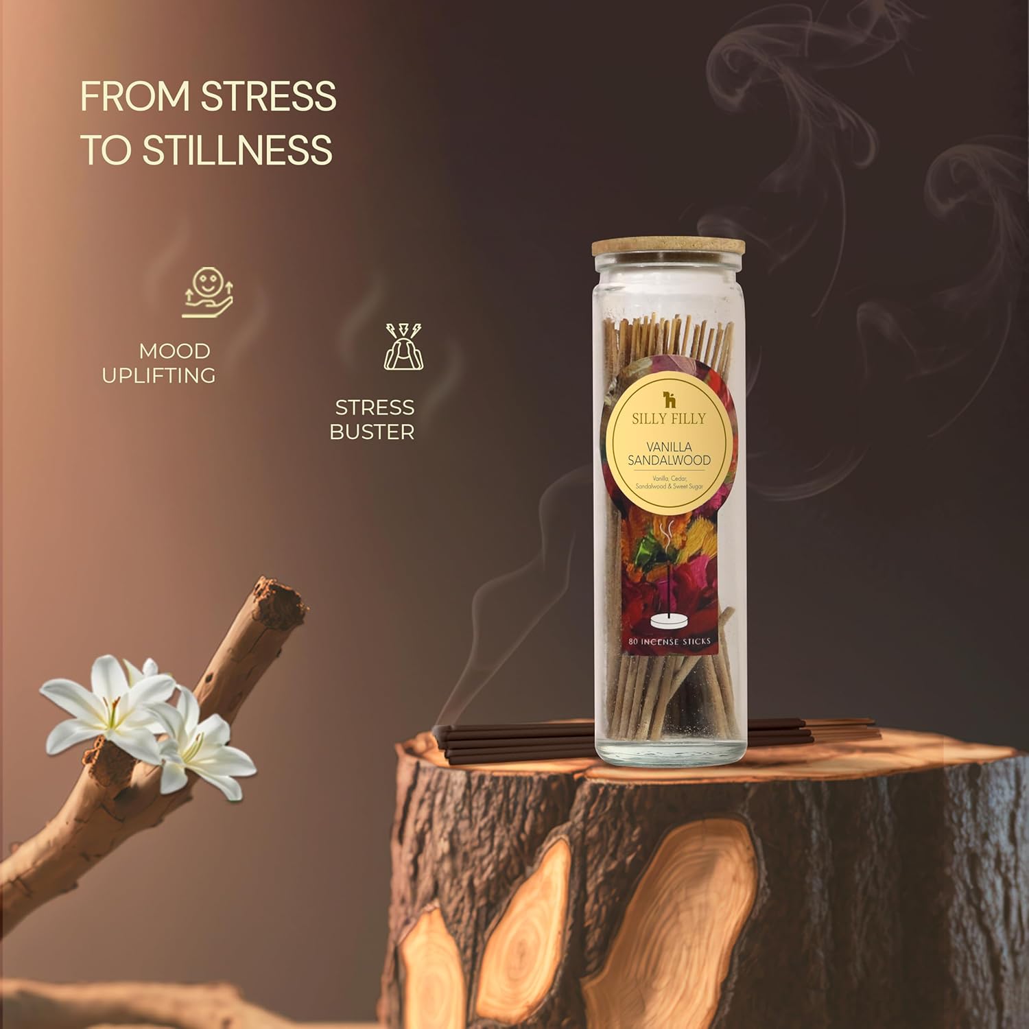Vanilla Sandalwood Incense Sticks Set of 80 in Glass Jar