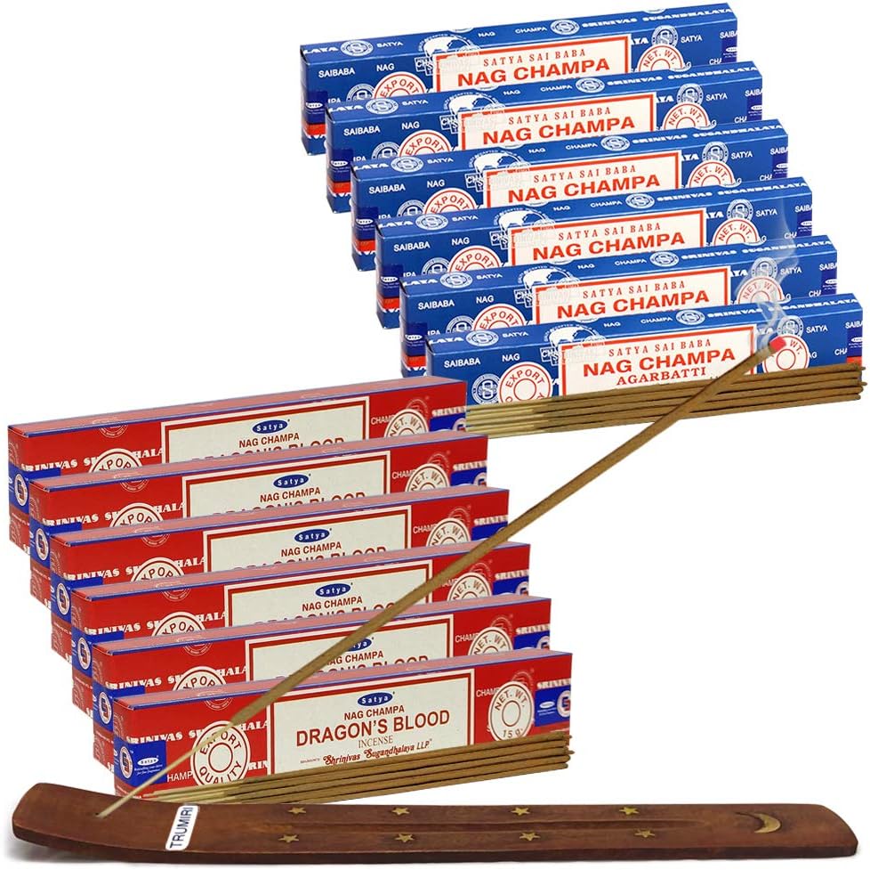 TRUMIRI Nag Champa and Dragons Blood Incense Sticks with Holder Bundle