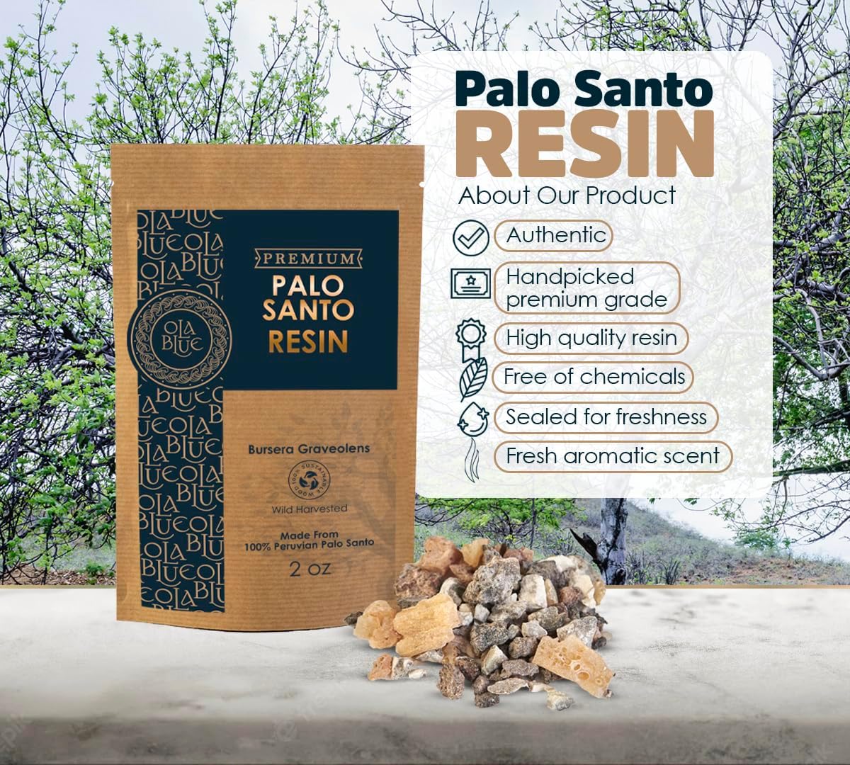 OLA BLUE Palo Santo Resin 2oz Natural Premium Incense