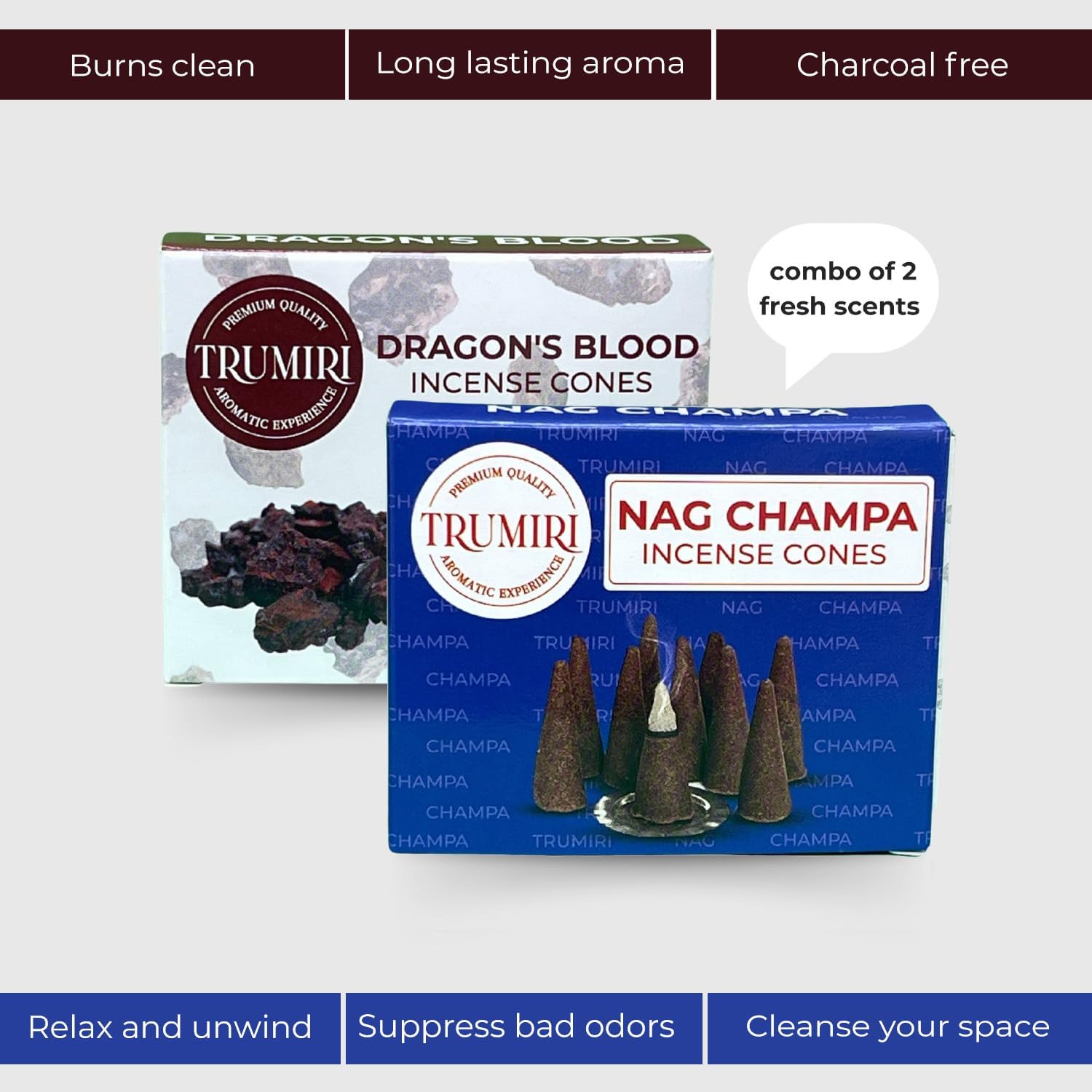 TRUMIRI Incense Cones - 20 Pack with 10 Nag Champa and 10 Dragons Blood