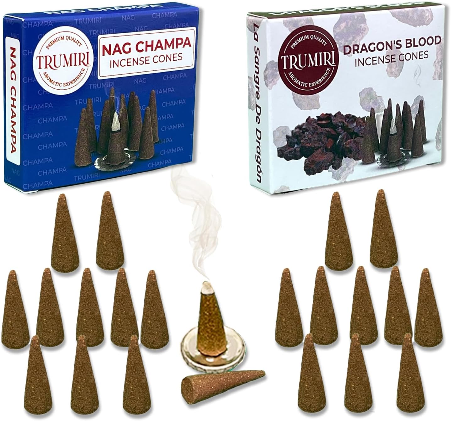 TRUMIRI Incense Cones - 20 Pack with 10 Nag Champa and 10 Dragons Blood