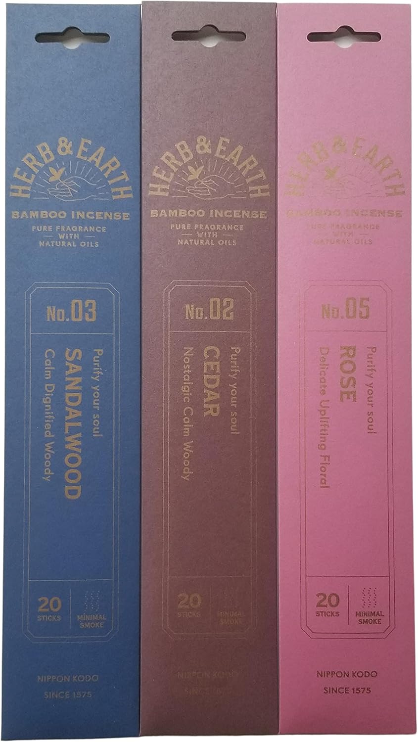 Nippon Kodo Bamboo Incense Combo Set Cedar Rose Sandalwood 20 Sticks Each