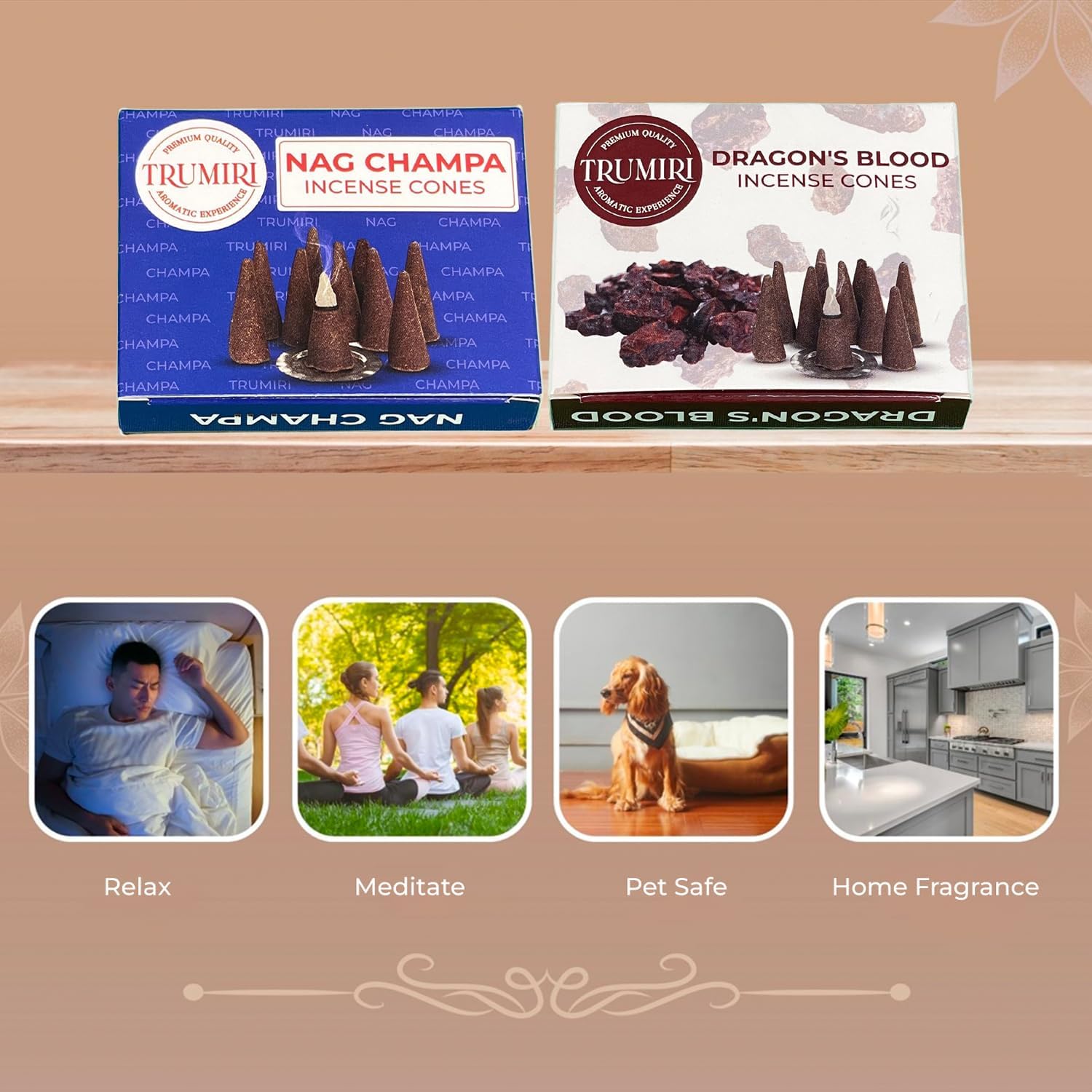 TRUMIRI Incense Cones - 20 Pack with 10 Nag Champa and 10 Dragons Blood
