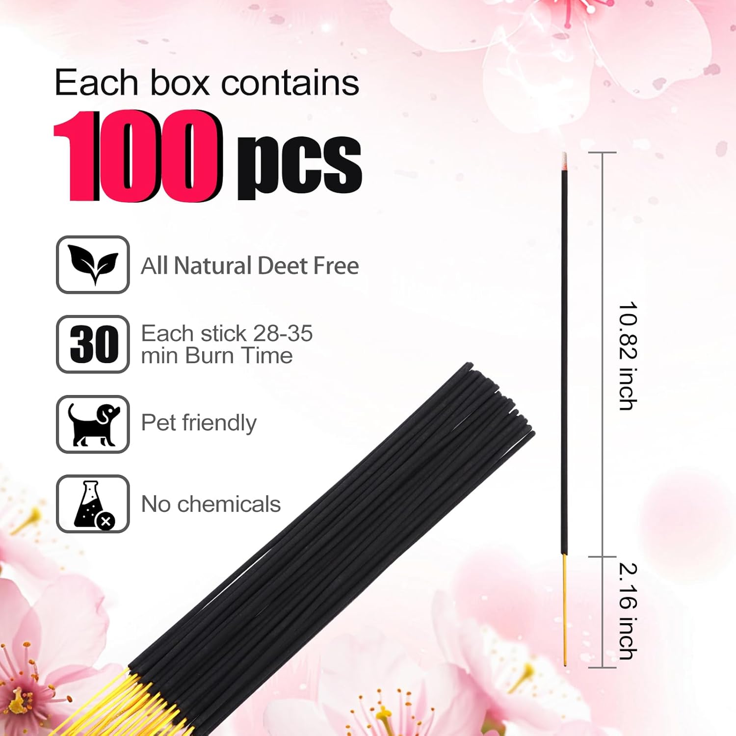 RELCHANE Sakura Incense Sticks 100pcs Natural Burn 30 mins Stress Relief