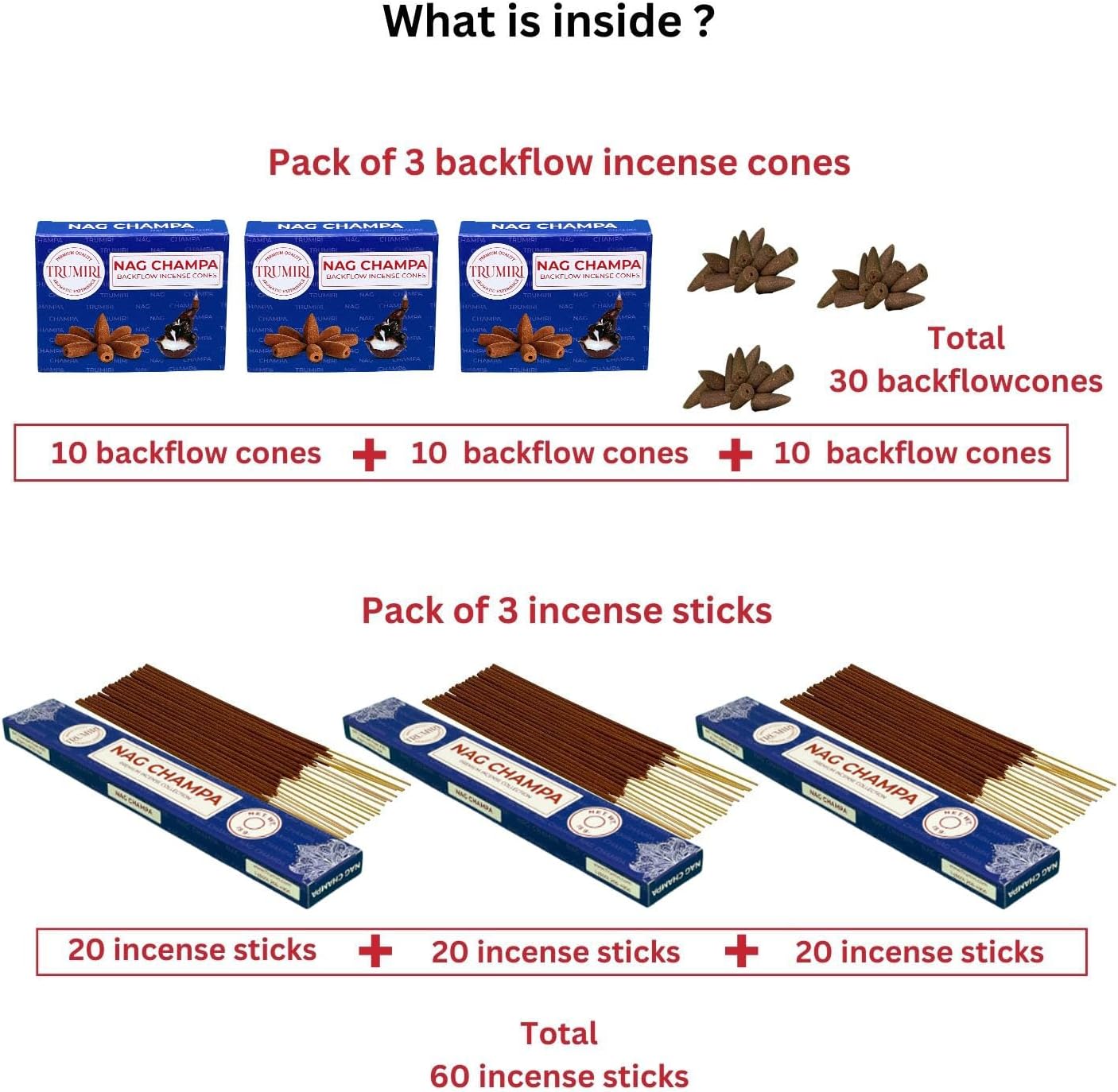 TRUMIRI Nag Champa Incense Sticks and Waterfall Cones - 45 Sticks 30 Cones