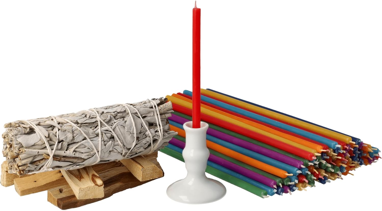 Danilovo Smudging Kit with 5 Palo Santo Sticks 1 White Sage Stick 50 Chakra Beeswax Candles and Ceramic Holder