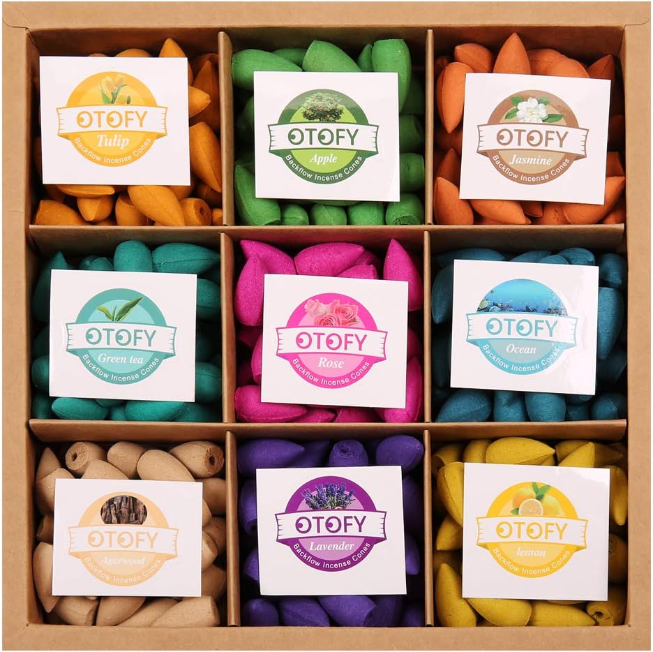 OTOFY Backflow Incense Cones 360 Pcs Natural Waterfall Tulip Jasmine Lavender Rose for Meditation Yoga
